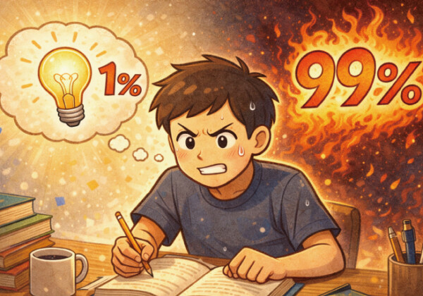 名言もじり。『天才とは1%のひらめきと99%の努力である』この名言をもじって面白くしてください。2