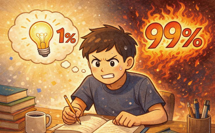 名言もじり。『天才とは1%のひらめきと99%の努力である』この名言をもじって面白くしてください。2