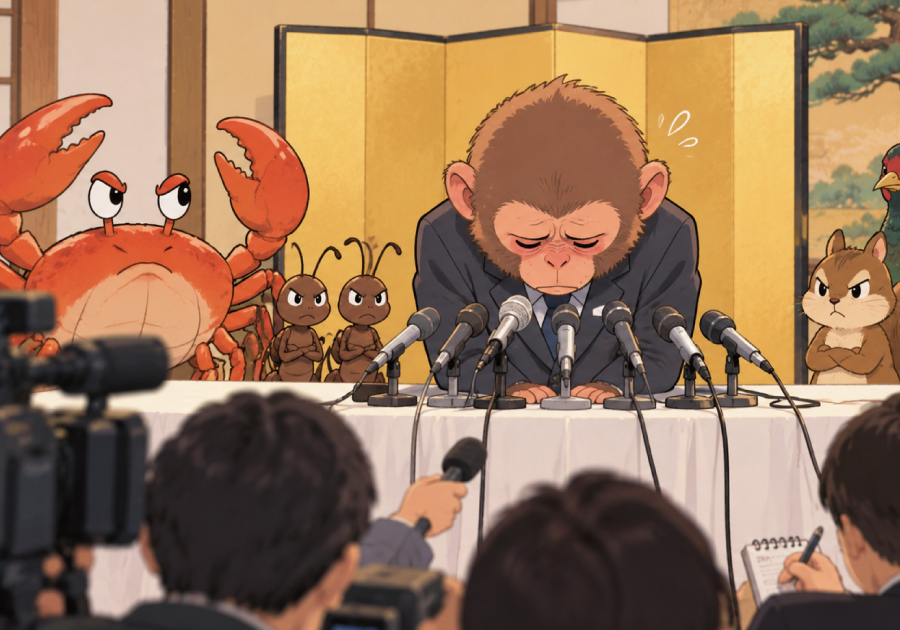 さるかに合戦のさるが謝罪会見を開きました。第一声は何と言いましたか?